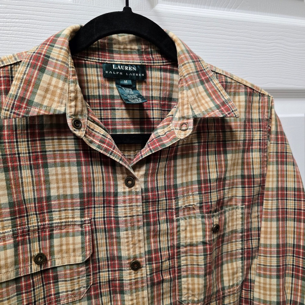 Lauren Ralph Lauren Womens Medium Plaid Cotton Button Down Utility Shirt Tan Red